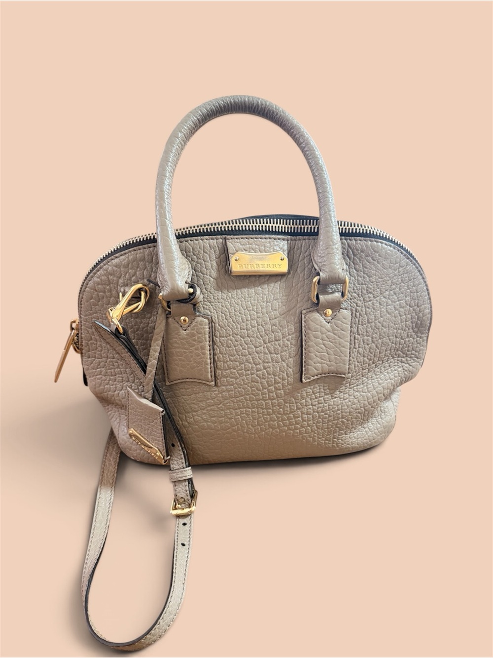Burberry Pebbled Leather Satchel in Taupe with Gold Hardware